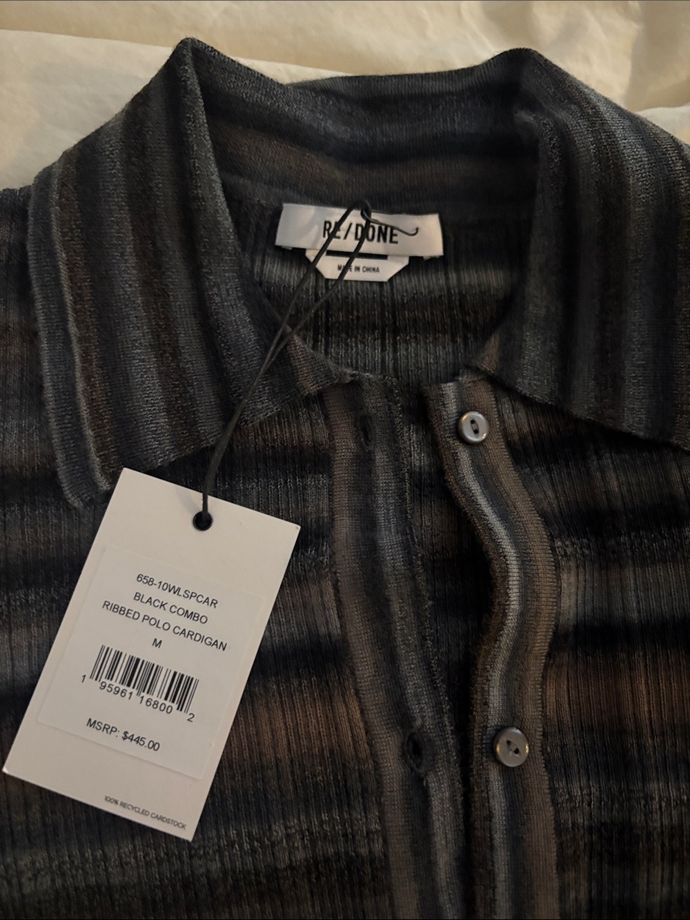 Re/Done Black and Gray Striped Ribbed Polo Cardigan